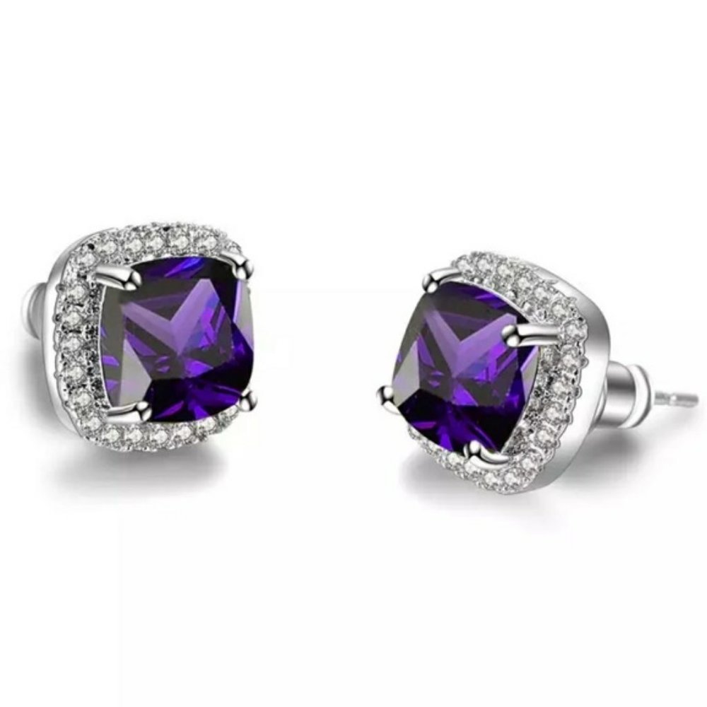 *White Gold Purple Amethyst Diamond Halo Earrings - Picture 3 of 3